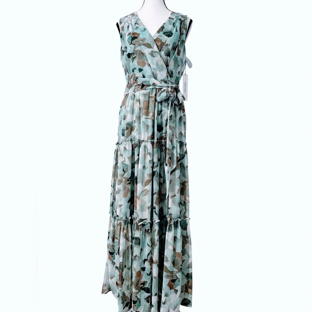 Calvin Klein Green Floral Tiered Maxi Dress | NWT | Size 10 - Picture 1 of 10